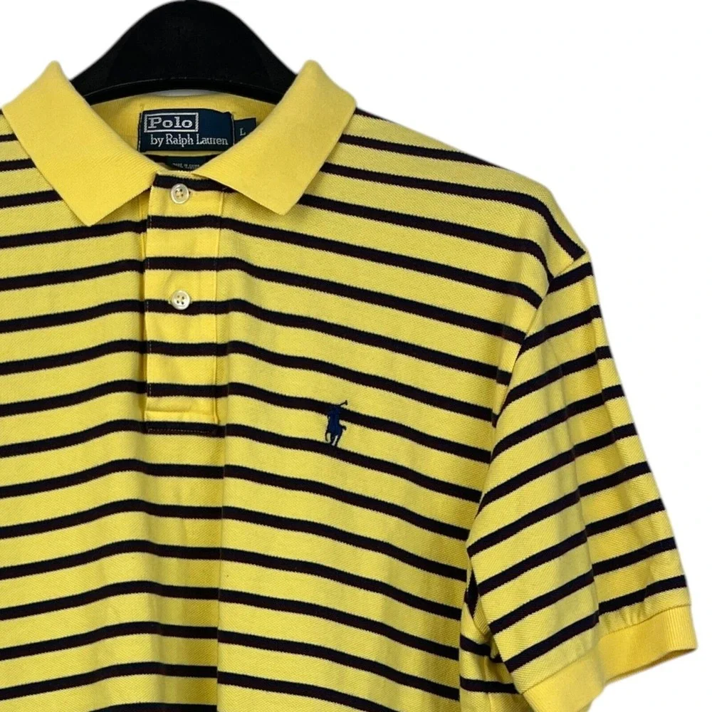 Polo Ralph Lauren Mens L‎ 100% Cotton Short Sleeve Polo Yellow Blue Striped Pony